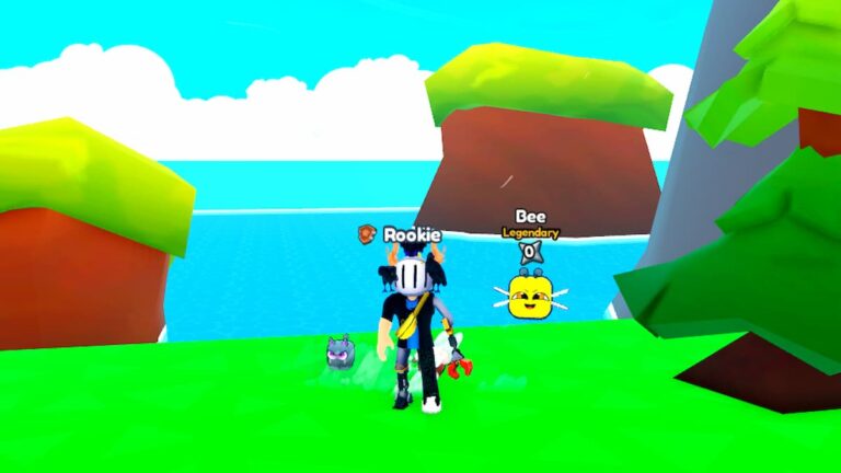 Roblox Every Click 1 Gold Avatar With Silver Helmet With Cat And Bee Pet Standing On Grass Near Ocean