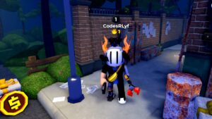 Roblox Animatronic Nights Avatar Wearing Silver Helmet With Bat On Top Standing Near Lamp Post In Alley