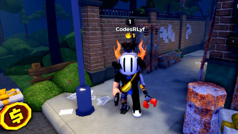 Roblox Animatronic Nights Avatar Wearing Silver Helmet With Bat On Top Standing Near Lamp Post In Alley