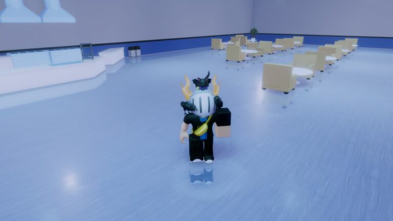 Roblox Kivotos Td Avatar With Silver Helmet And Bat Standing In Modern Cafeteria With Beige Chairs