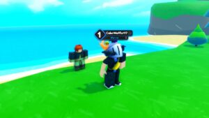 Roblox Anime Advance Avatar Wearing Silver Helmet With Npc Behind Standing On Grass Near Ocean And Beach