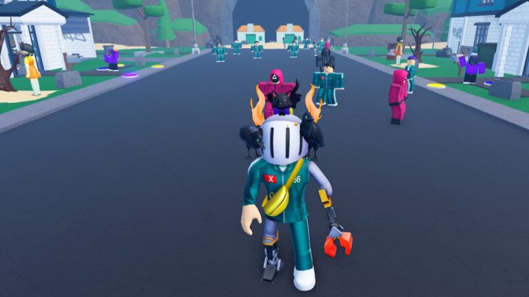 Roblox Shrimp Game Tycoon Avatar Wearing Silver Helmet And Green Overalls In A Street Filled With Red And Green Overall Npcs