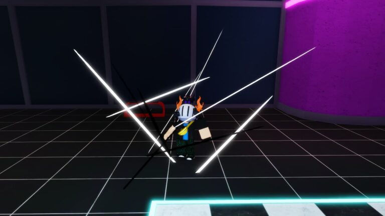 Roblox Fnaf Battlegrounds Avatar Wearing Silver Helmet Using A White String Attack On A Black Checkered Floor