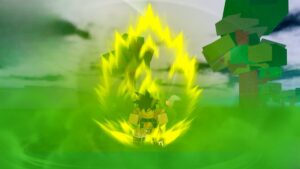 Roblox Ball Online Generations Avatar With Black Hair Powering Up With Bright Golden Yellow Aura In Forest