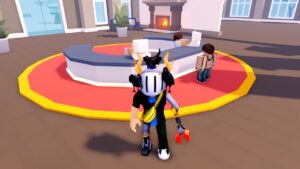 Roblox Mountain Resort Tycoon Avatar Wearing Silver Helmet On Fire Standing New Red Rug With Reception Counter On Top