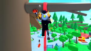 Roblox Climbing Simulator Avatar Wearing Silver Helmet With Yellow Bobble Climbing A Red Rope With Trees Below