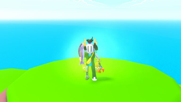 Roblox Fish Slap Simulator Avatar Wearing Silver Helmet Holding A Fish In His Right Hand Standing On Grass Near Ocean