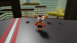 Roblox Boxing Fitness Simulator Avatar Shirtless Wearing Silver Helmet And Red Boxing Gloves Standing Near Window Overlooking City With Four Floating Pets