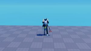 Roblox Upgrade Incremental Avatar Wearing Silver Helmet And Robot Claw Hand Standing On Checkered Grey Flooring With Blue Sky Beyond