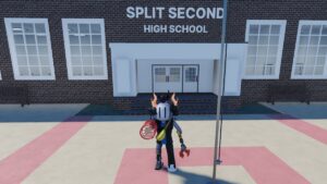 Roblox Build A School Tycoon Standing Outside Split Second Highschool Wearing Silver Helmet Near Flag Pole