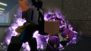 Roblox Jojo Shenanigans A Avatar Wearing Silver Helmet Standing Next To Star Platinum Stand Both Encased In Purple Aura