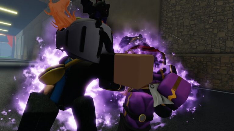 Roblox Jojo Shenanigans A Avatar Wearing Silver Helmet Standing Next To Star Platinum Stand Both Encased In Purple Aura