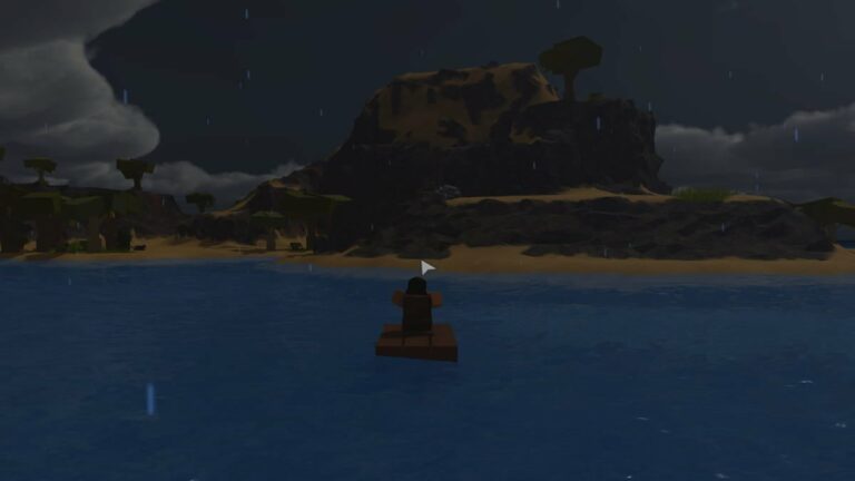 Roblox The Ancient Isles Avatar On A Small Wooden Raft Looking At An Huge Beachy Island As It Rains