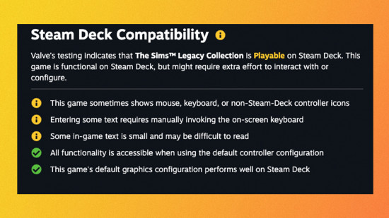 The Sims Steam Deck: Uma imagem da página de verificação do convés a vapor para a coleção Legacy Sims.