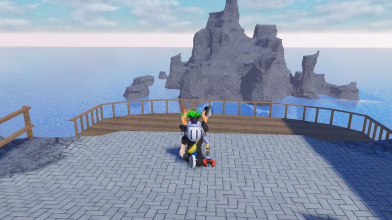 Roblox Super Power League Avatar Weaing Silver Helmet Meditation On Stone With Rocks Behind On Ocean